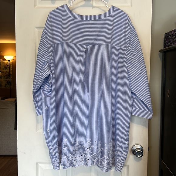 Woman Within Blue/WhiteTunic Blouse Eyelet Embroidered V-neck Pleated NWOT - Picture 3 of 9